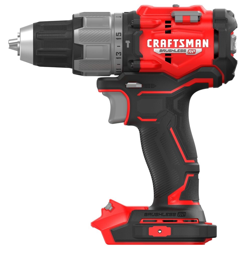 Photo de la perceuse sans fil Craftsman CMCD726B, rouge et noire, vue latérale, modèle brushless.