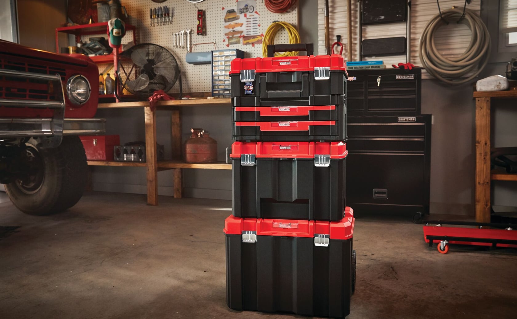 Versastack double shallow drawers stacked on top of each other in a room.