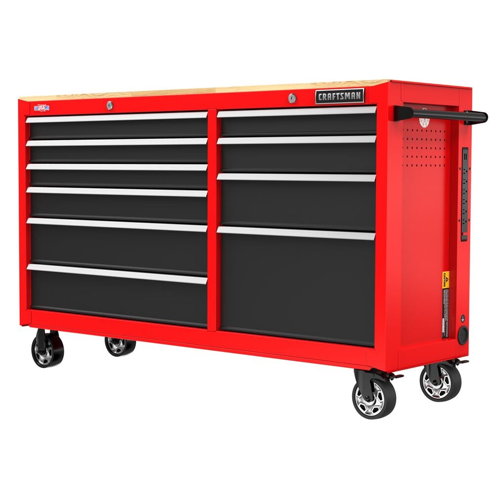 A large red and black rolling tool chest with multiple drawers, a wooden top surface, and locking casters, designed for organizing and storing tools.