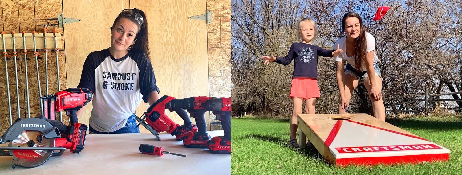 CRAFTSMAN V20 tools displayed on table, and Rachel with child playing with Cornhole Game

Rachel et son arsenal d’outils CRAFTSMAN V20 + Rachel et une petite fille devant le jeu de poches