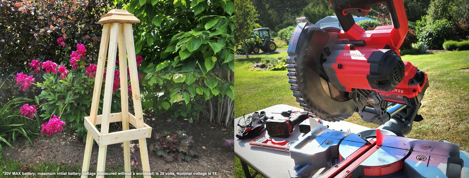 Obélisque installé dans une cour et outils CRAFTSMAN posés sur une table