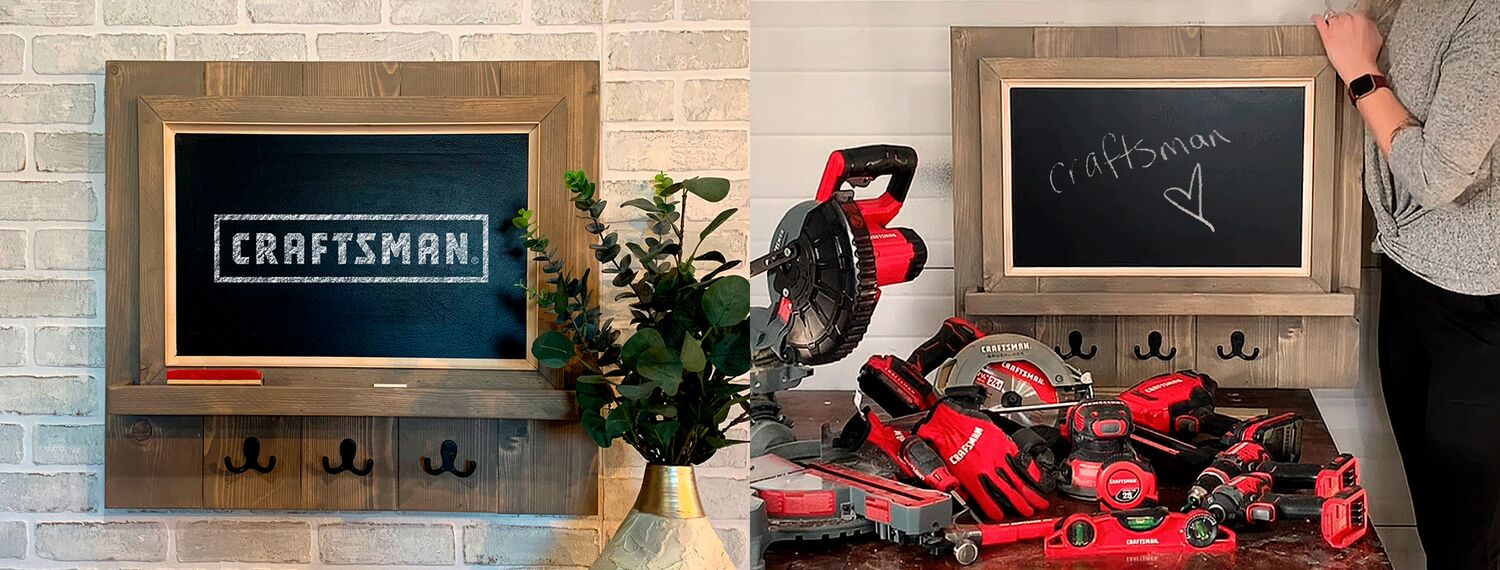 Chalk Board hanging on wall, and CRAFTSMAN V20 tools displayed in front of Chalk Board

Tableau noir accroché au mur + le même tableau avec, en avant-plan, une panoplie d’outils CRAFTSMAN V20