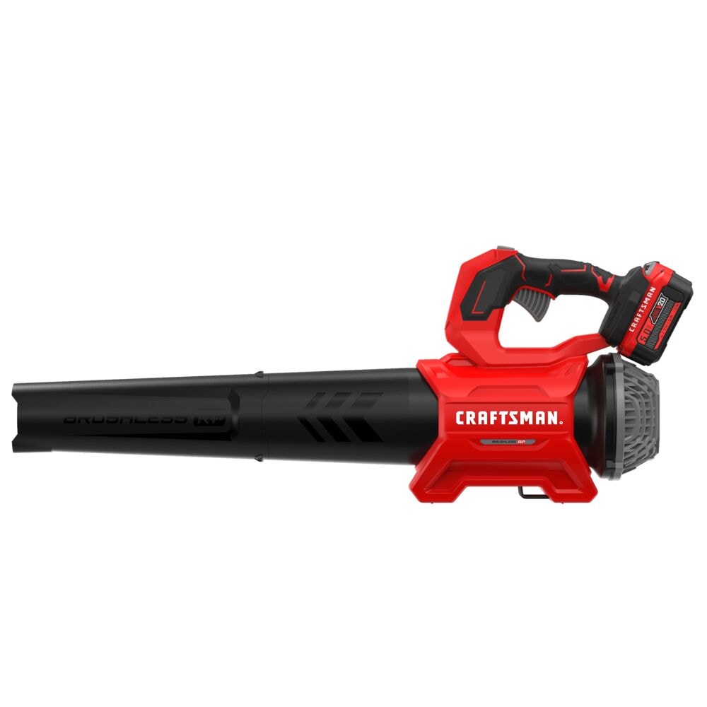 A cordless electric leaf blower with a black and red design, labeled 'Craftsman'. The tool has a prominent handle and battery attached, suitable for outdoor yard cleaning.