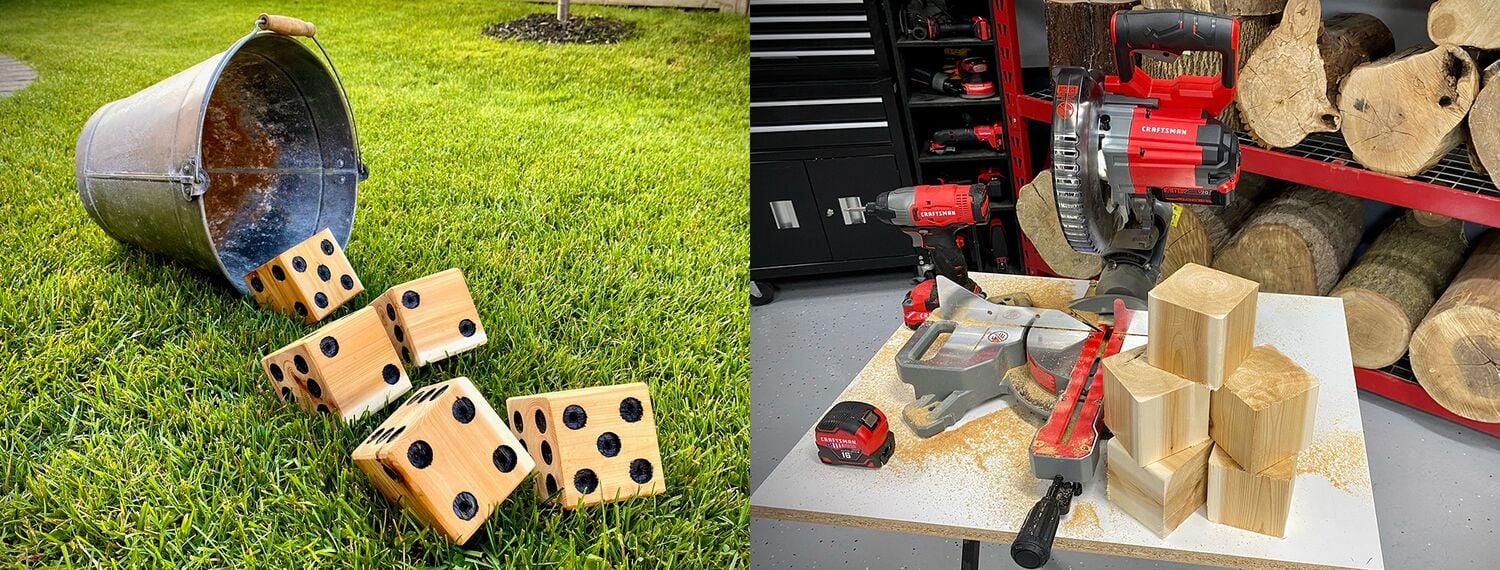Jumbo Dice rolled out on lawn, and CRAFTSMAN V20 tools, hand tools & Jumbo Dice displayed on work table
Jeu de dés géants sur une pelouse + sélection d’outils CRAFTSMAN et CRAFTSMAN V20 avec bois équarri, déposés sur une table de travail