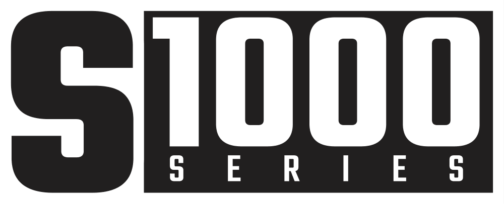 Center of the image shows a black and white logo featuring 'S1000' in bold, block letters on a white background.