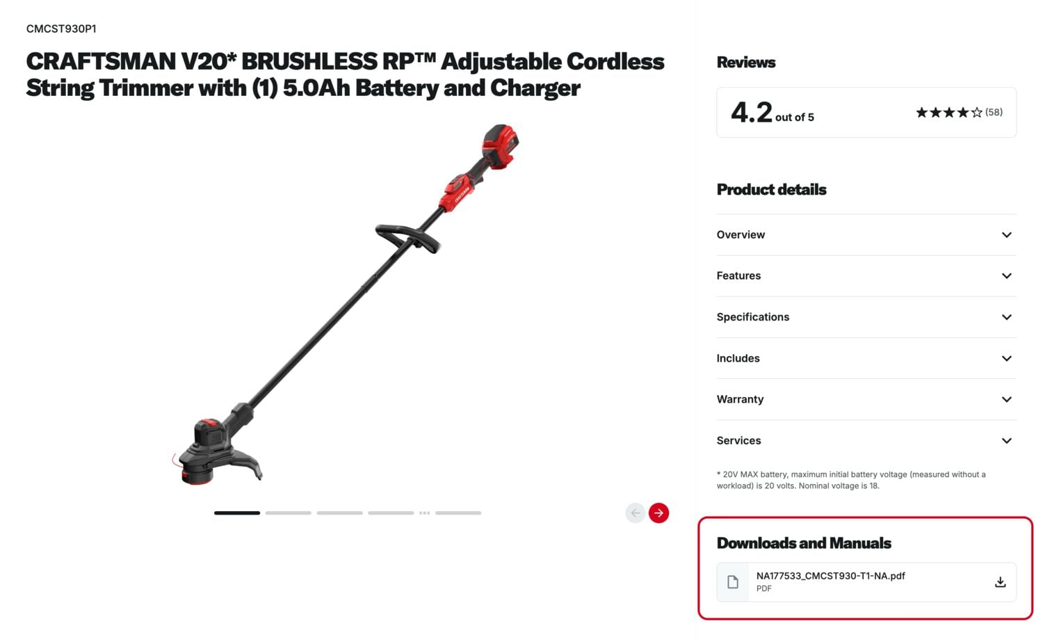 Photo of CRAFTSMAN CMCST930P1 cordless string trimmer, red and black, side angle, V20 BRUSHLESS RP series.