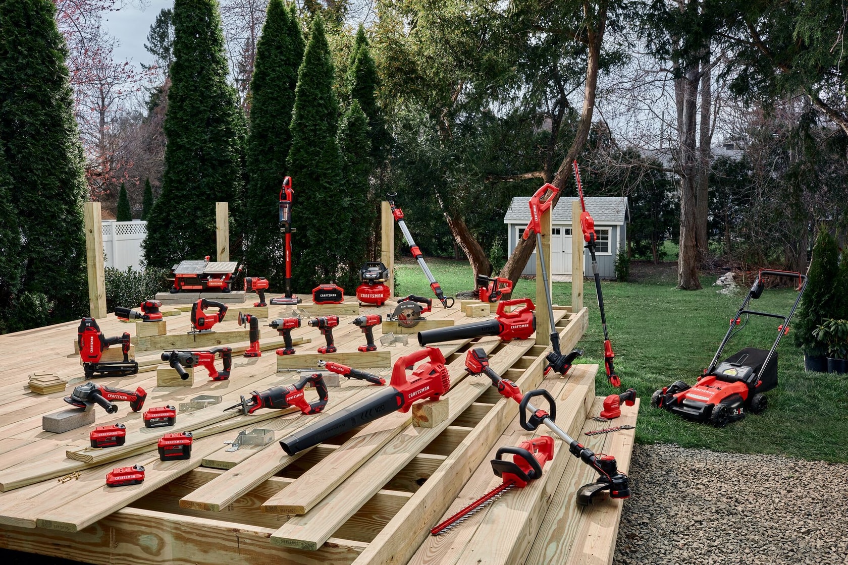 Photographie d’outils électriques et tondeuse à gazon CRAFTSMAN CMCG450B_ sur terrasse en bois et pelouse.