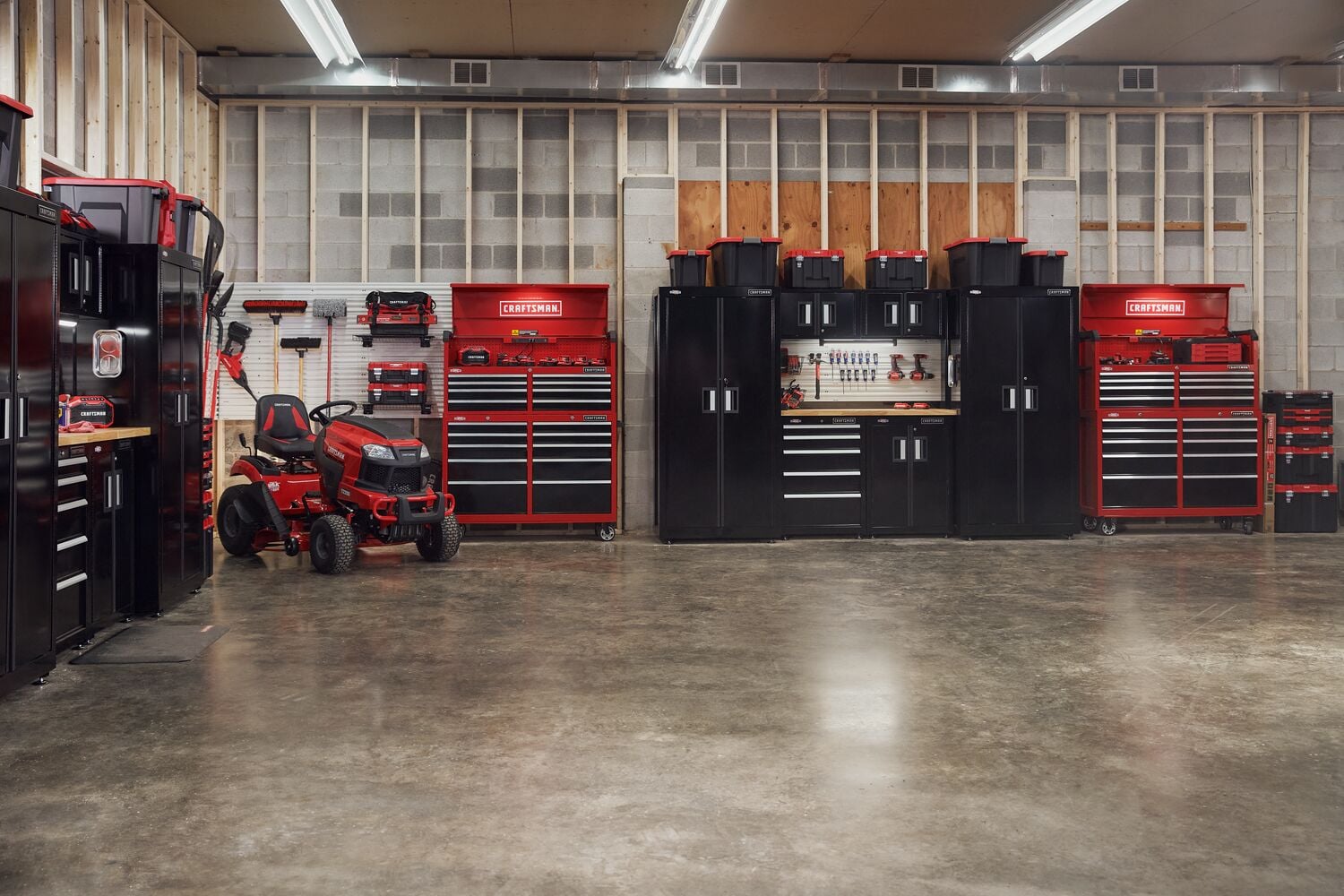 Photo of Craftsman storage cabinets and tool chest CMCPW350D1 in a workshop, shown from front angle.