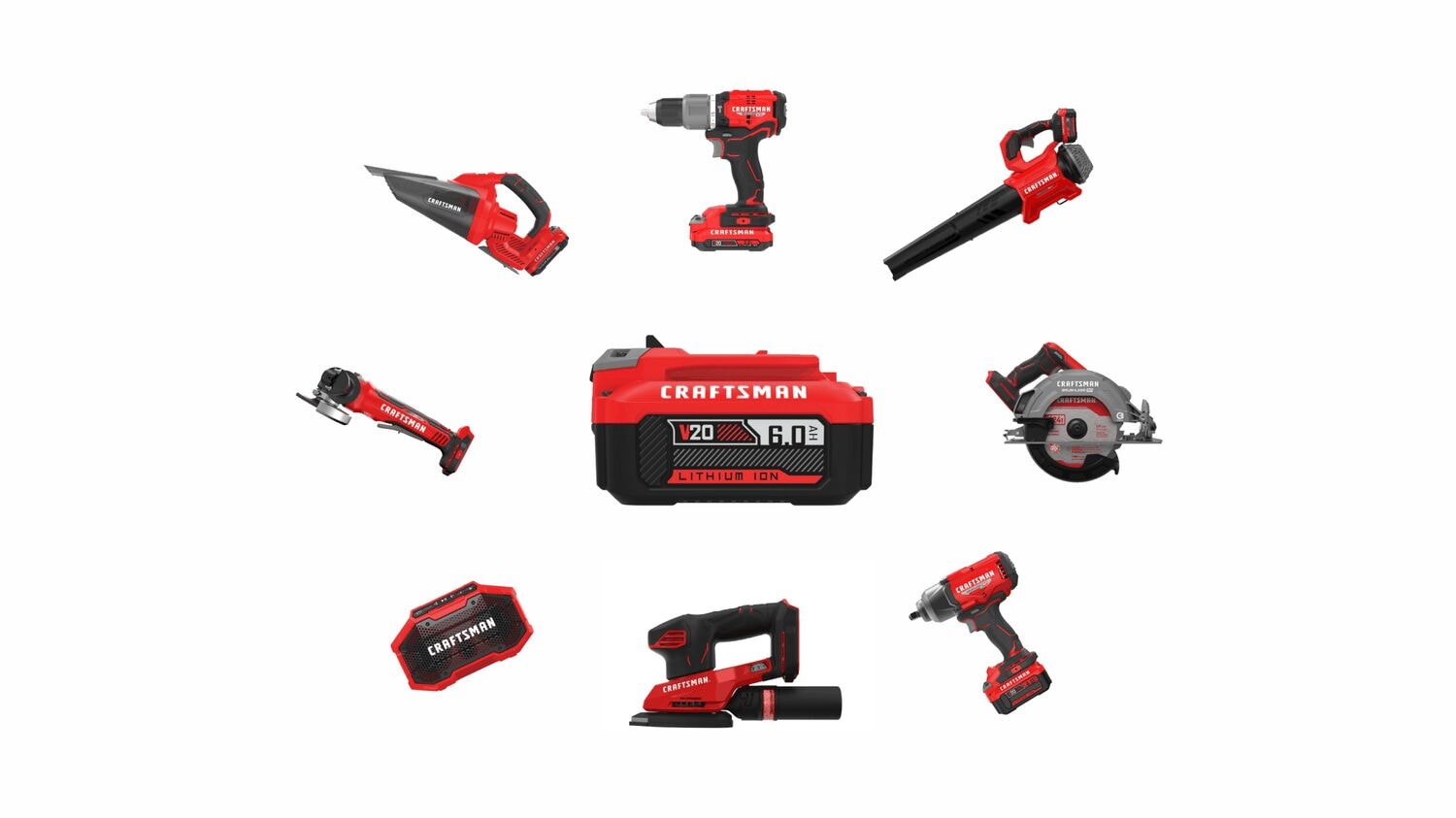 Craftsman 20 Tools Graphic on White Background with Battery in the Middle