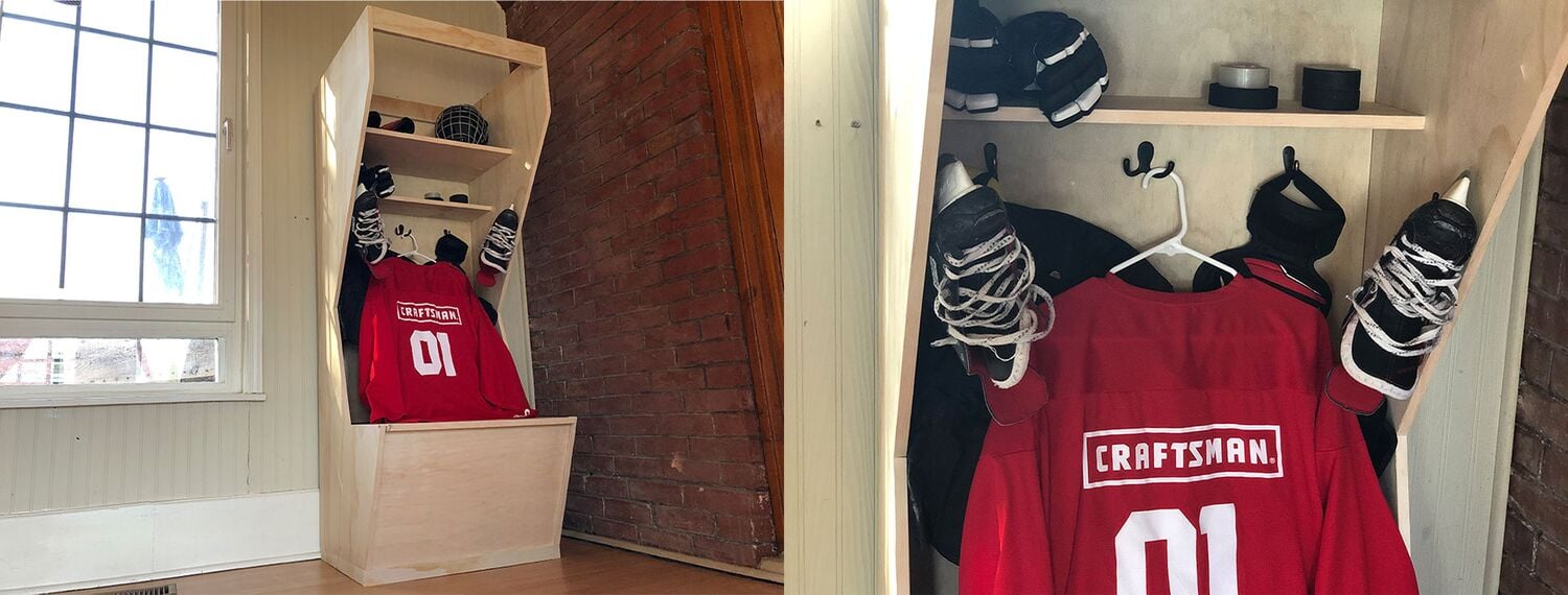 Angled and close-up views of Hockey Locker filled with hockey equipment
Vue en angle et vue rapprochée du casier de hockeyeur garni d’équipements