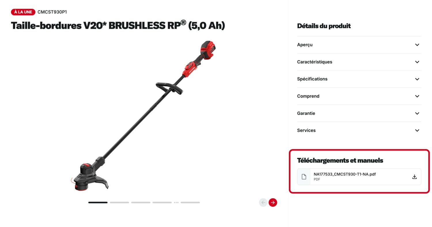Photo du coupe-bordures sans fil CRAFTSMAN CMCST930P1, design rouge et noir, vue latérale, fond blanc.