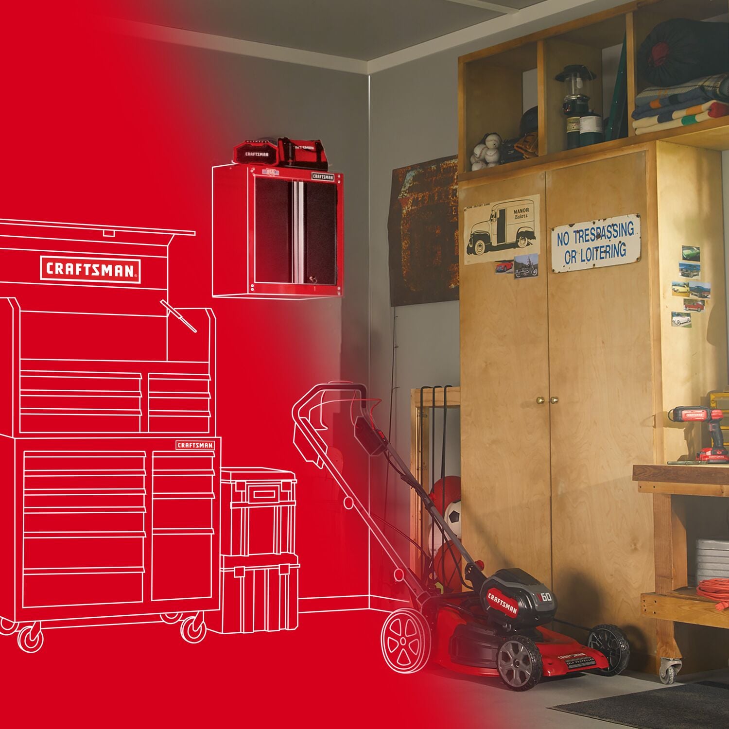 Photo of a Craftsman 60V red cordless lawn mower in a garage, with tool storage, wooden cabinets, and a workbench visible.