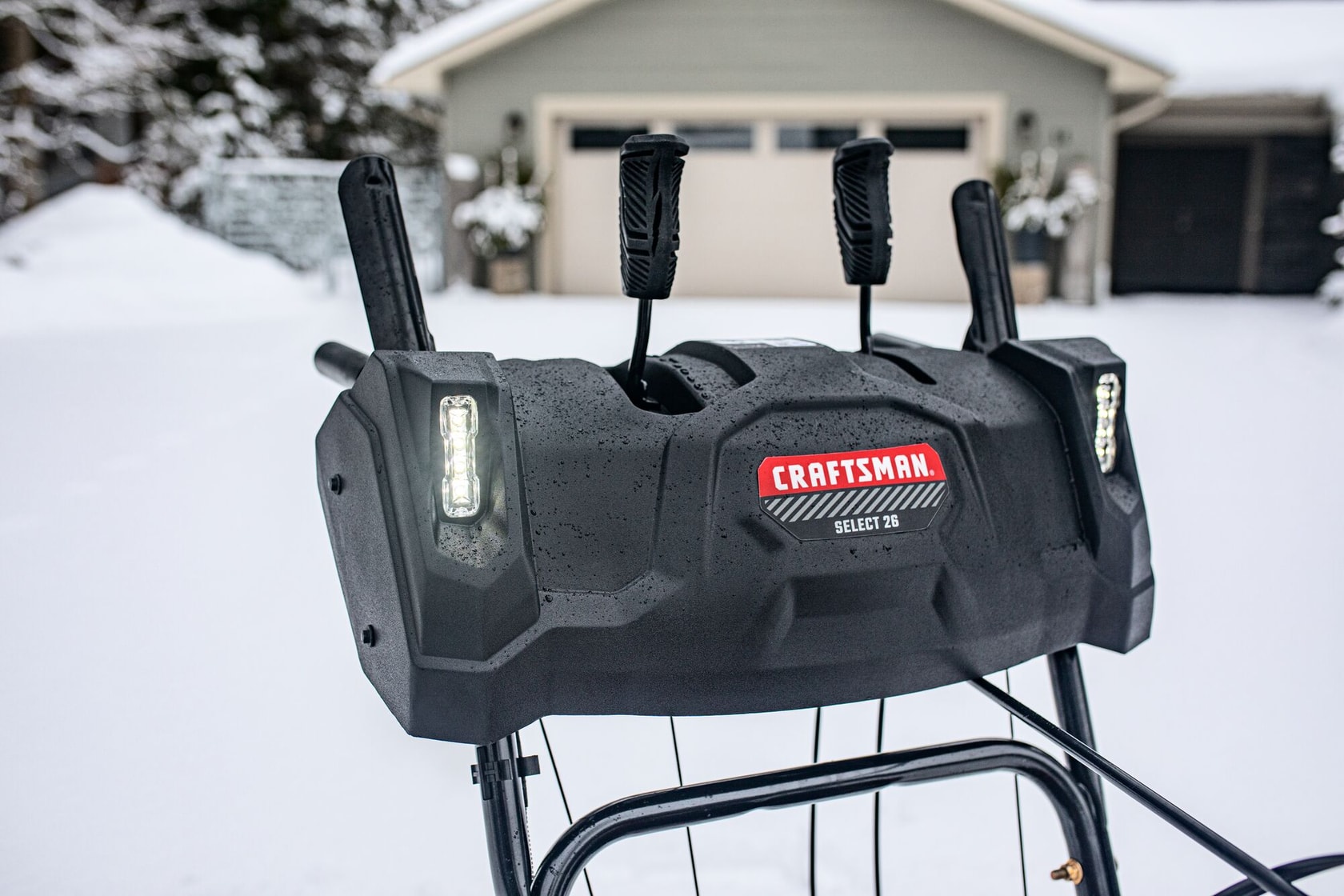 CRAFTSMAN Select 26 Snowblower zoomed in view of handles and LED headlights