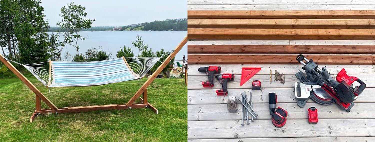 Hammock set up by lake, and CRAFTSMAN V20 tools, hand tools & building materials displayed on deck
Support avec hamac devant un lac + sélection d’outils CRAFTSMAN et CRAFTSMAN V20 avec matériaux déposés sur une terrasse