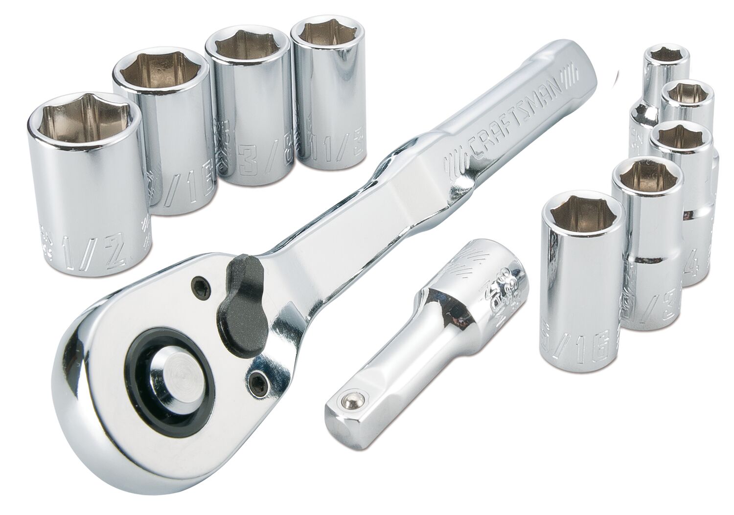 CRAFTSMAN 11 Piece 1/4 inch SAE Mechanics Tool Set Laid Out on White Background