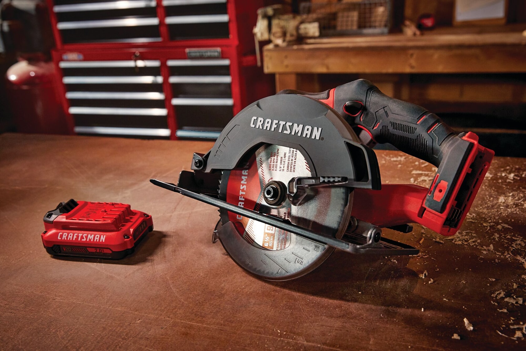 20 volt cordless 6 1 half inch circular saw kit placed at a wooden work station.